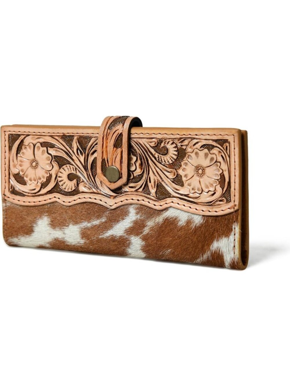 Handcrafted Floral Cowhide Leather Wallet Clutch – Stylish Snap Closure Purse